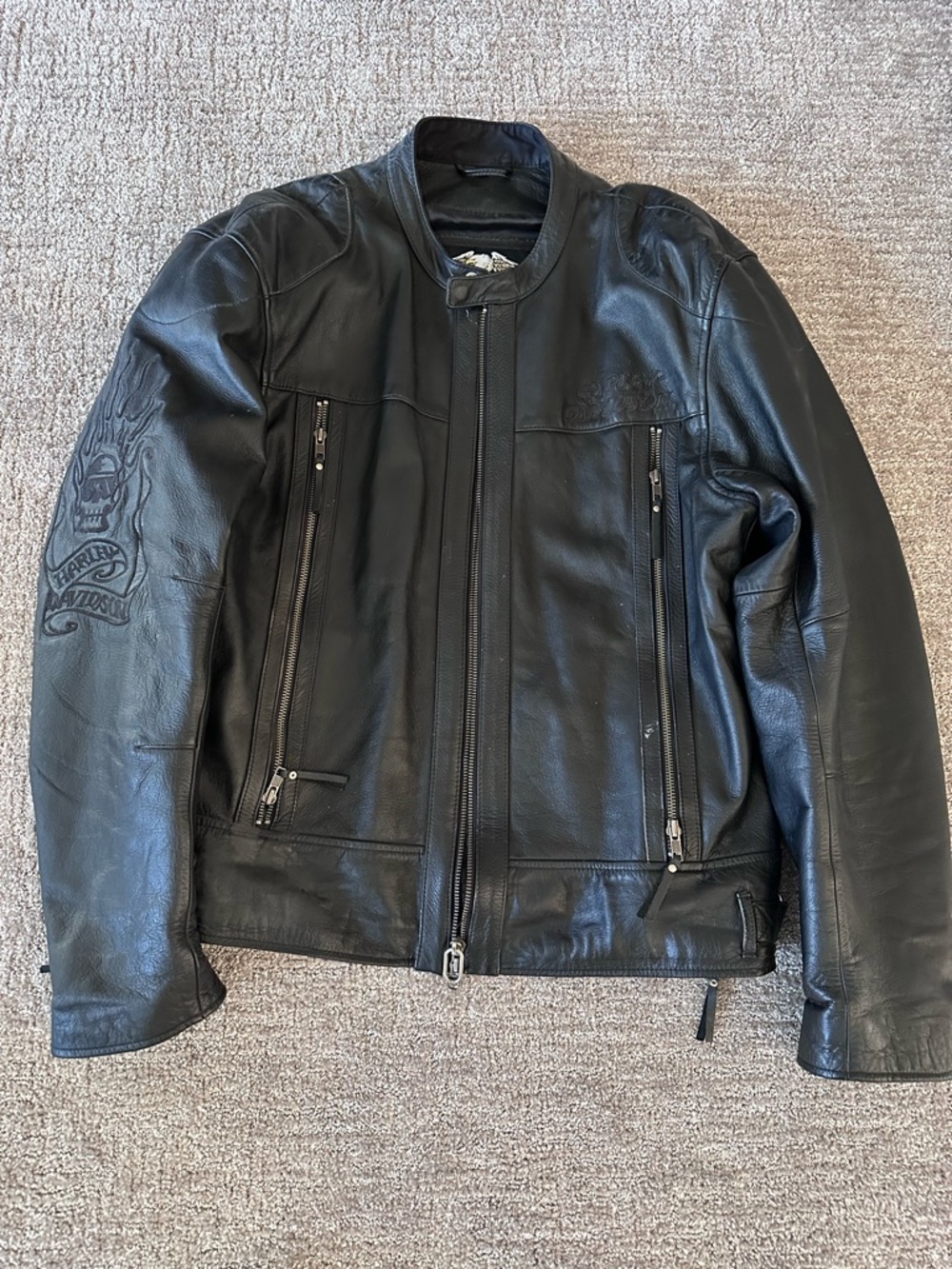 Harley-Davidson Black Leather Bomber Jacket with Embossed Sleeve Detail